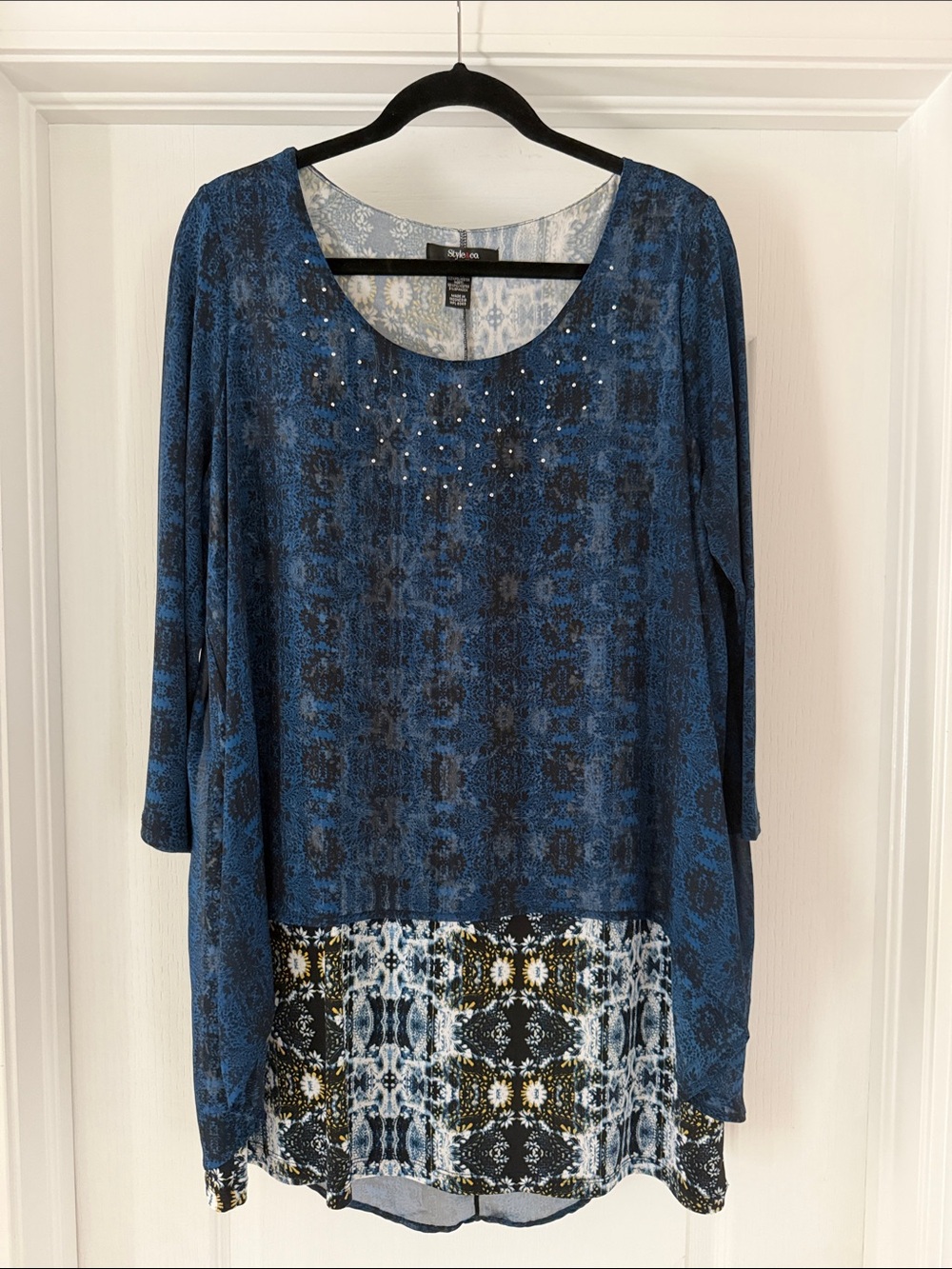 Style & Co. Blue and Black Patterned Long Sleeve Tunic with Embellishment